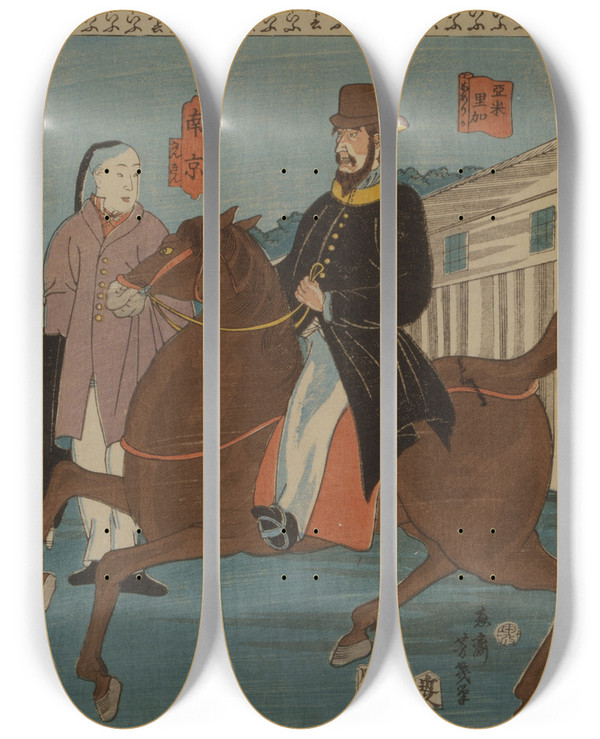 Triptych art skateboard deck of Utagawa Yoshiiku Ikoku Kotoba by Utagawa Yoshiiku (1833-1904)