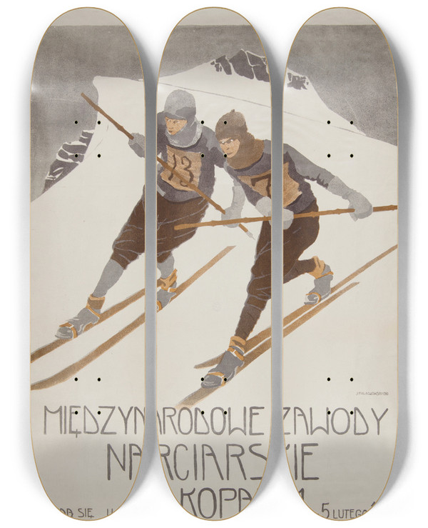Triptych art skateboard deck of Jan Maachowski Midzynarodowe Zawody Narciarskie by Jan Malachowski (1886-1917)