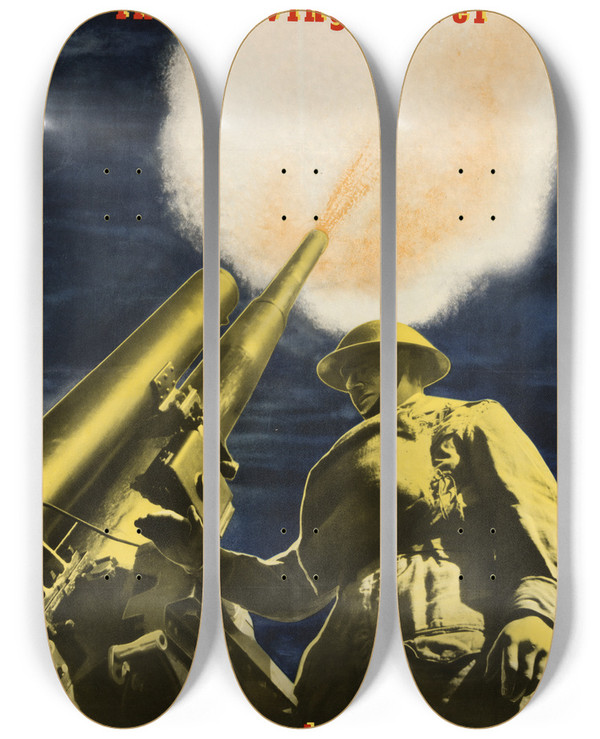Triptych art skateboard deck of Frederick Henri Kay Henrion Make Your Money Provide The Driving Power Put It In The Post Office Savings Bank by Frederick Henri Kay Henrion (1914-1990)