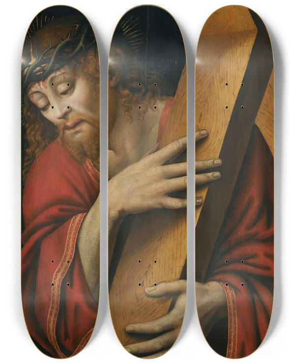 Triptych art skateboard deck of Lombard School Christ Carrying The Cross by Lombard School