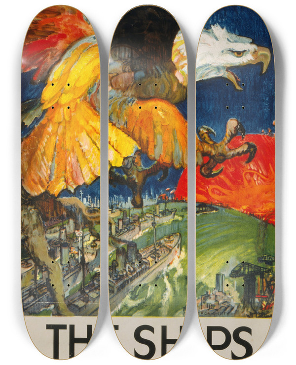 Triptych art skateboard deck of James Henry Daugherty The Ships Are Coming by James Henry Daugherty (1889-1974)