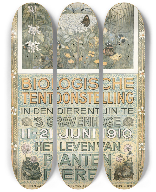 Triptych art skateboard deck of Theo Van Hoytema Affiche Voor De Biologische Tentoonstelling In Juni 1910 by Theo Van Hoytema (1863-1917)