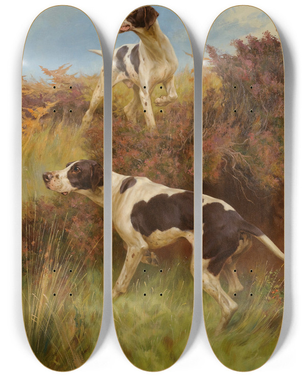 Triptych art skateboard deck of Thomas Blinks A Good Point by Thomas Blinks (1853-1912)