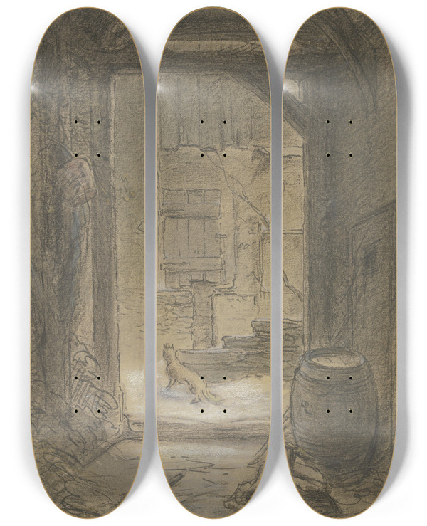 Triptych art skateboard deck of Anton Burger Partie Eines Bauernhofes Im Winter by Anton Burger (1824-1905)