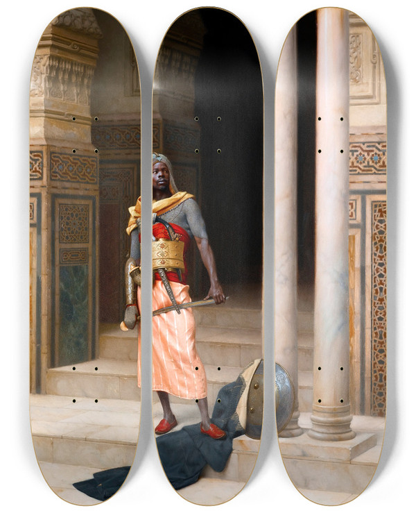Triptych art skateboard deck of Ludwig Deutsch A Nubian Guard by Ludwig Deutsch (1855-1935)