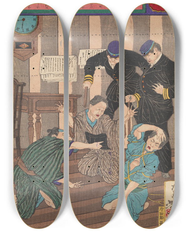 Triptych art skateboard deck of Tsukioka Yoshitoshi Chiyokichis Mother Identifies Him And Solves A Case Of Mistaken Identity by Tsukioka Yoshitoshi (1839-1892)