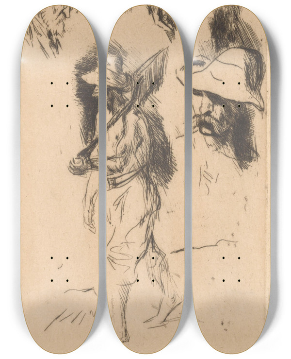 Triptych art skateboard deck of Marius Bauer Voorstellingen Met Menselijke Figuren by Marius Bauer (1867-1932)