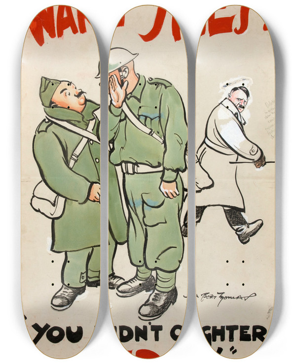 Triptych art skateboard deck of Bert Thomas Ware Spies You Didnt Oughter Said It by Bert Thomas (1883-1966)