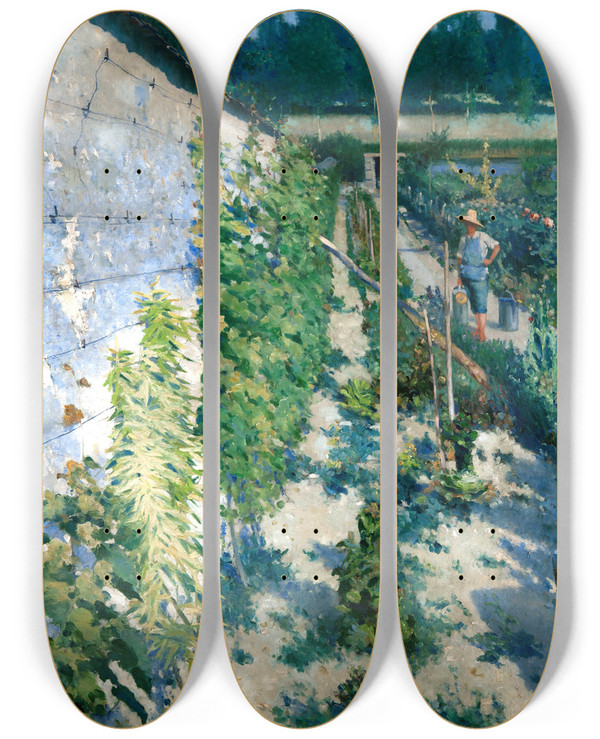 Triptych art skateboard deck of Karl Nordstrm Garden In Grez by Karl Nordstrom (1855-1923)