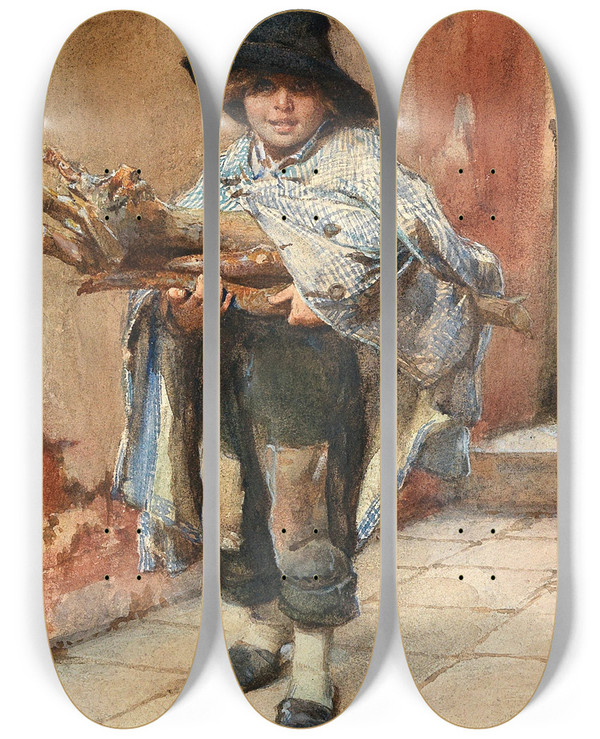 Triptych art skateboard deck of Ludwig Johann Passini Collecting Brushwood For Christmas by Ludwig Johann Passini (1832-1903)