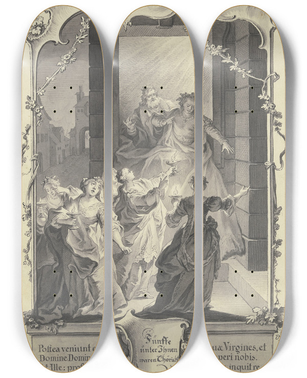 Triptych art skateboard deck of Johann Esaias Nilson Der Brutigam Und Die Fnf Trichten Jungfrauen by Johann Esaias Nilson (1721-1788)
