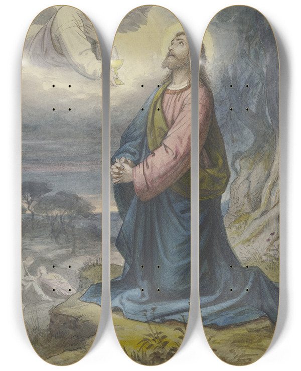 Triptych art skateboard deck of Karl Gottlob Schnherr Agony In The Garden by Karl Gottlob Schonherr (1824-1906)