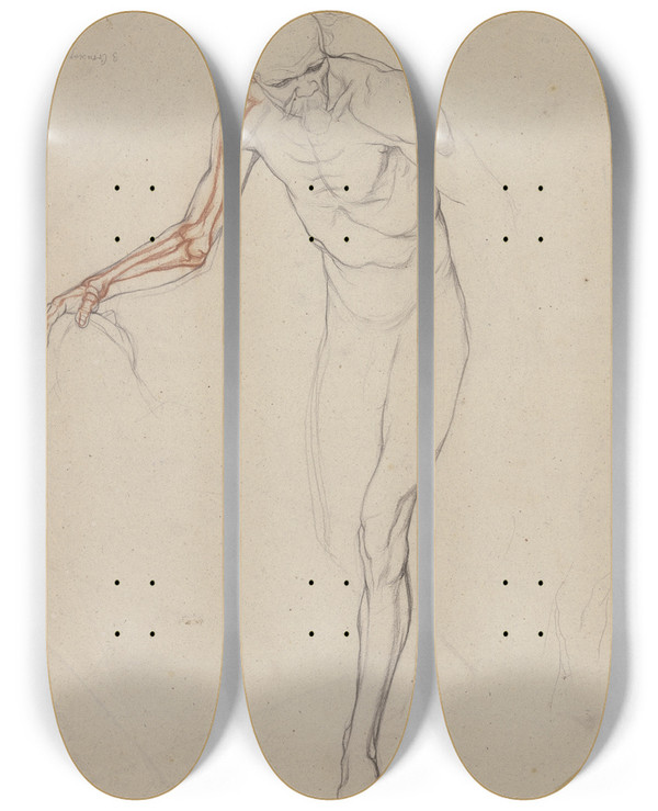 Triptych art skateboard deck of Victor Mller Aktfigur Eines Alten Mannes Das Knochengerst Seines Rechten Auf Den Kopf Einer Vor Ihm Knienden Frau Gelegten Armes Rot Eingezeichnet by Victor Muller (1829-1871)