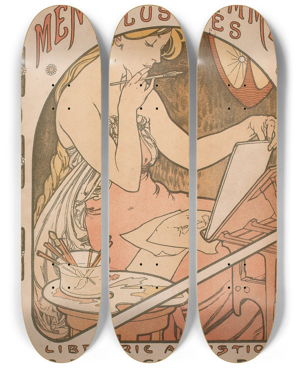 Triptych art skateboard deck of Alphonse Mucha Les Menus And Programmes Illustres by Alphonse Mucha (1860-1939)