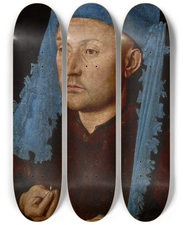 Triptych art skateboard deck of Jan Van Eyck Man In A Blue Cap by Jan Van Eyck (1390-1441)