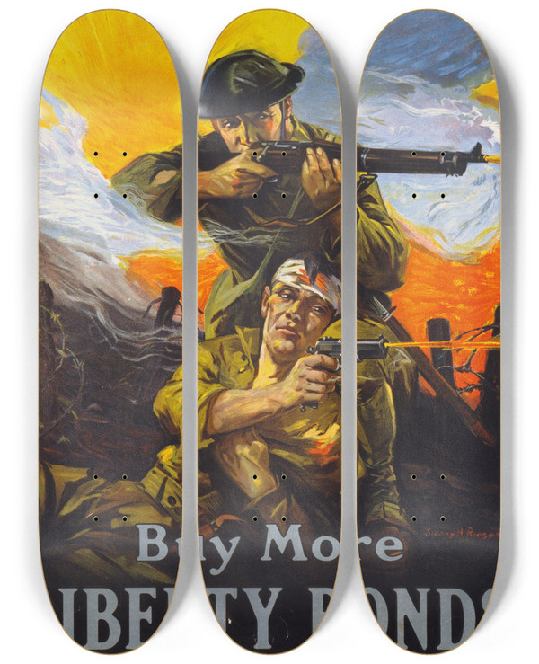 Triptych art skateboard deck of Sidney Riesenberg Lend As They Fight Buy More Liberty Bonds by Sidney Riesenberg (1885-1971)