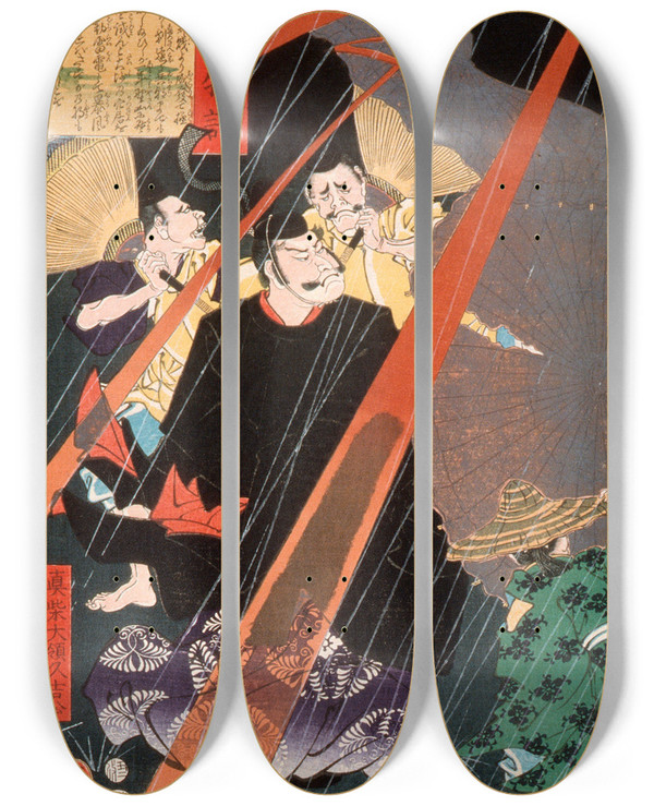 Triptych art skateboard deck of Tsukioka Yoshitoshi Mashiba Hisayoshi The Tairy In Lightening by Tsukioka Yoshitoshi (1839-1892)
