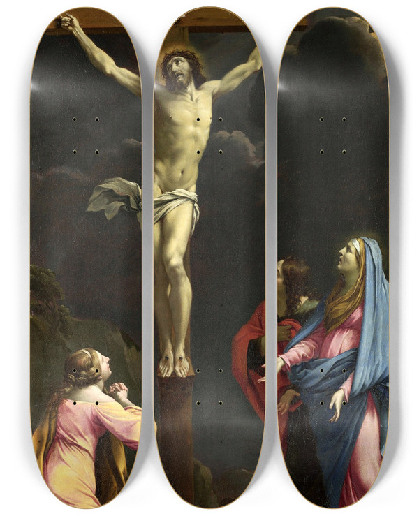 Triptych art skateboard deck of Eustache Le Sueur Christ On The Cross With The Virgin And Saints by Eustache Le Sueur (1616-1655)