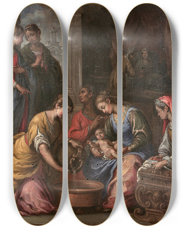 Triptych art skateboard deck of Claudio Ridolfi La Naissance De La Vierge by Claudio Ridolfi