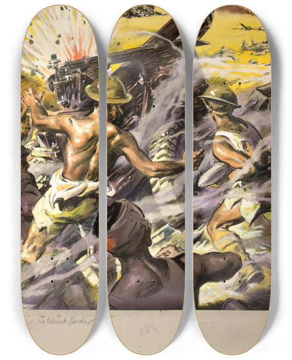 Triptych art skateboard deck of John Nunney Battle Scene by John Nunney (1897-1966)