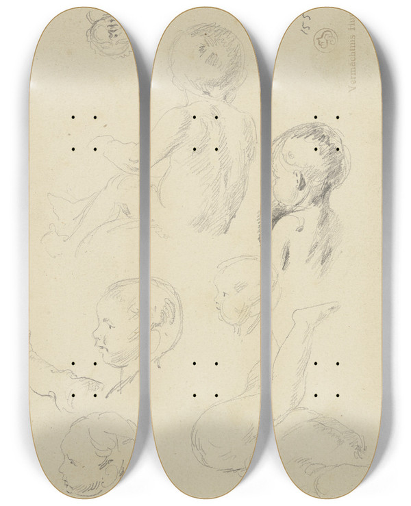 Triptych art skateboard deck of Wilhelm Busch Seven Studies Of Small Children by Wilhelm Busch (1832-1908)
