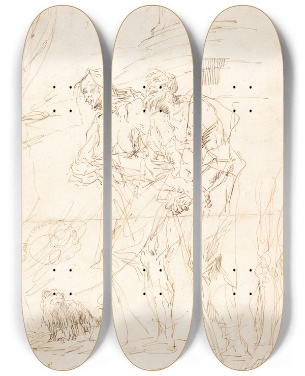 Triptych art skateboard deck of Paul Troger Two Beggars With Their Dog by Paul Troger (1698-1762)