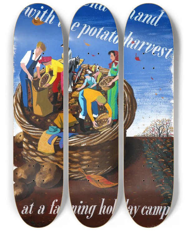 Triptych art skateboard deck of Eileen Evans Lend A Hand With The Potato Harvest At A Farming Holiday Camp_2 by Eileen Evans (1921-2006)