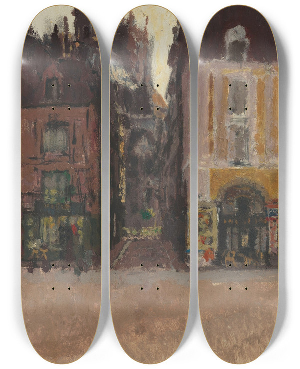 Triptych art skateboard deck of Walter Richard Sickert La Rue Notre Dame And The Quai Duquesne Dieppe by Walter Richard Sickert (1860-1942)