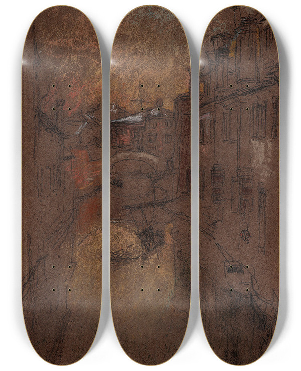 Triptych art skateboard deck of James Abbott Mcneill Whistler Winter Evening by James Abbott Mcneill Whistler (1834-1903)