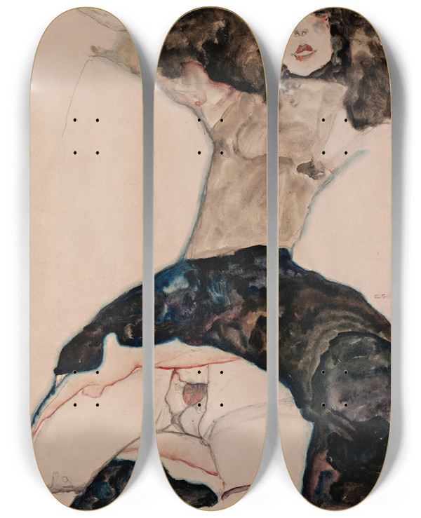 Triptych art skateboard deck of Egon Schiele Blackhaired Girl With Lifted Skirt by Egon Schiele (1890-1918)