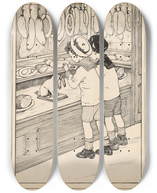 Triptych art skateboard deck of Nelly Spoor Twee Jongens Voor De Etalage Van Een Slagerij by Nelly Spoor (1885-1950)