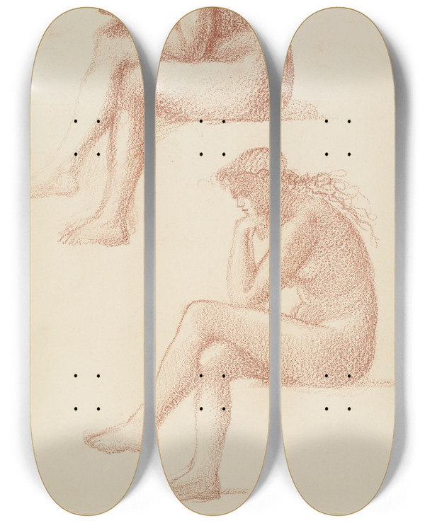 Triptych art skateboard deck of Sir Edward Coley Burnejones The Lament Nude Female Two Studies For The Figure On The Right by Sir Edward Coley Burne-Jones (1833-1898)