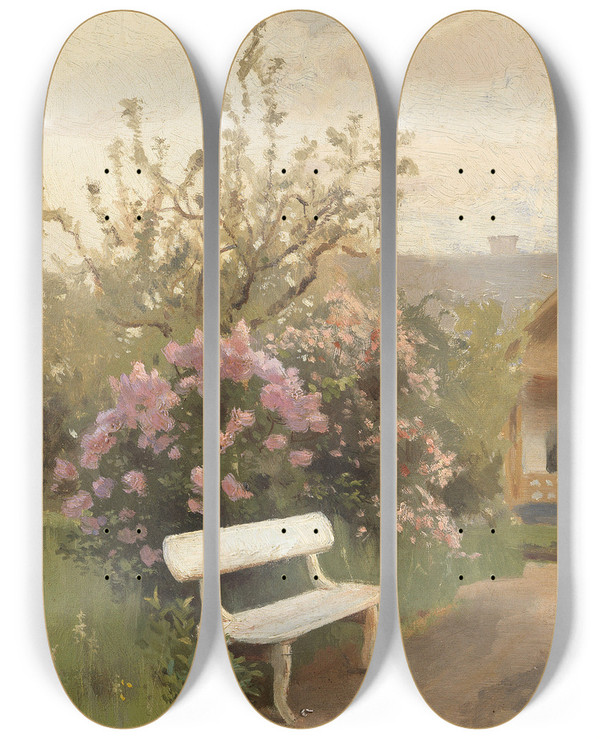 Triptych art skateboard deck of Jan Stanislawski Die Weie Gartenbank by Jan Stanislawski (1860-1907)