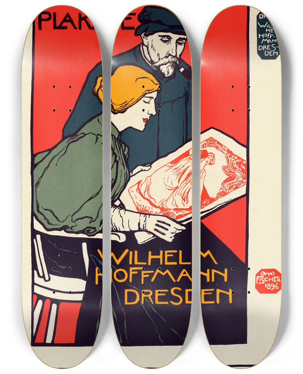 Triptych art skateboard deck of Otto Fischer Tablissement Artistique Daffiches Modernes by Otto Fischer (1870-1947)