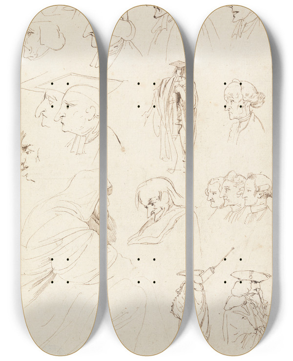 Triptych art skateboard deck of John Hamilton Mortimer Studies Of Academics by John Hamilton Mortimer (1740-1779)