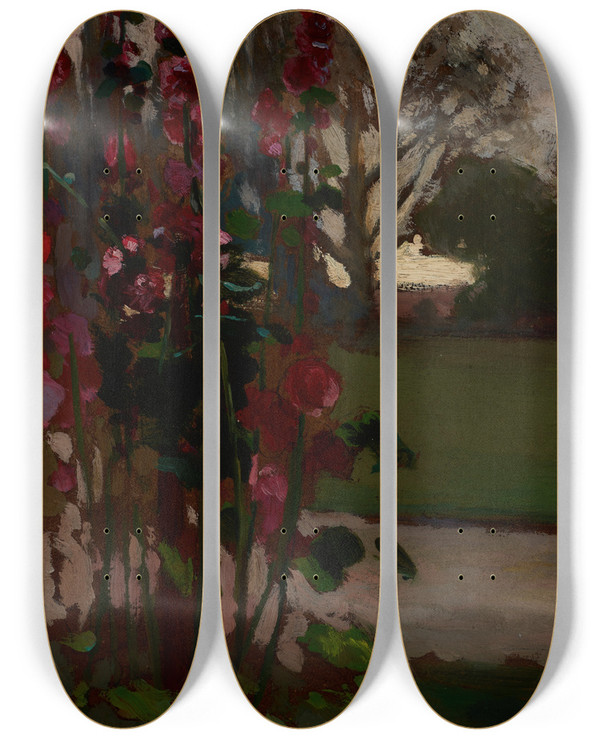 Triptych art skateboard deck of Jan Stanislawski Hollyhocks Polish Autumn by Jan Stanislawski (1860-1907)