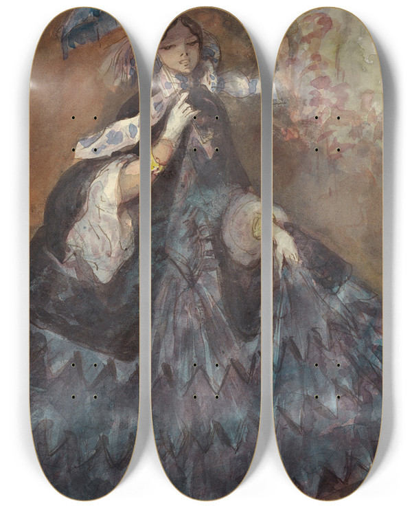 Triptych art skateboard deck of Constantin Guys Woman With A Parasol by Constantin Guys (1805-1892)