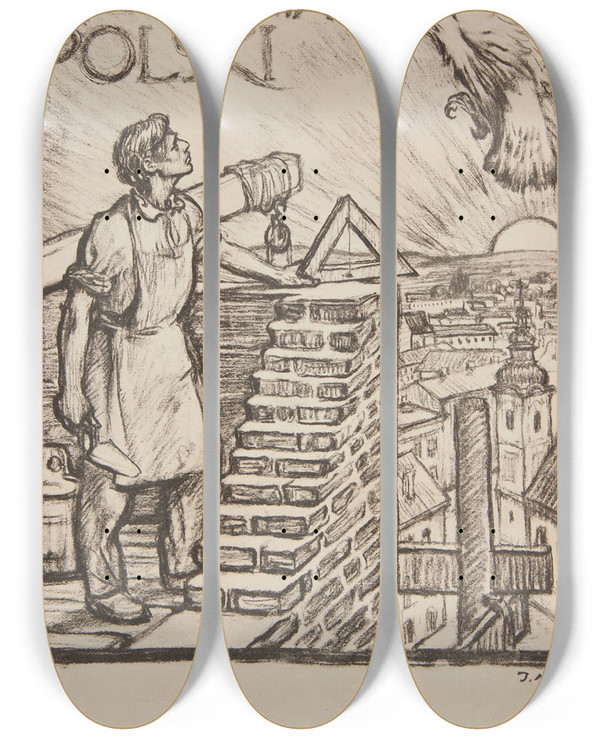 Triptych art skateboard deck of Jzef Mehoffer Polish Revival Loan by Jozef Mehoffer (1869-1946)