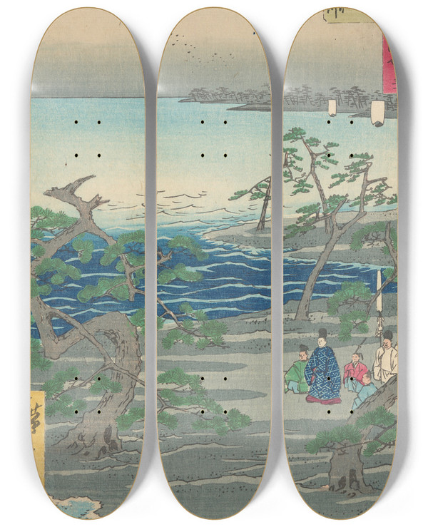 Triptych art skateboard deck of And Hiroshige Group Among Pine Trees An Inlet by Ando Hiroshige (1797-1858)