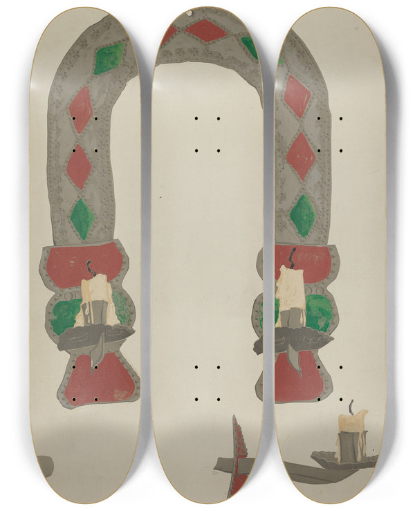 Triptych art skateboard deck of Majel G Claflin Candlestick Sconce by Majel G Claflin (1893-1941)