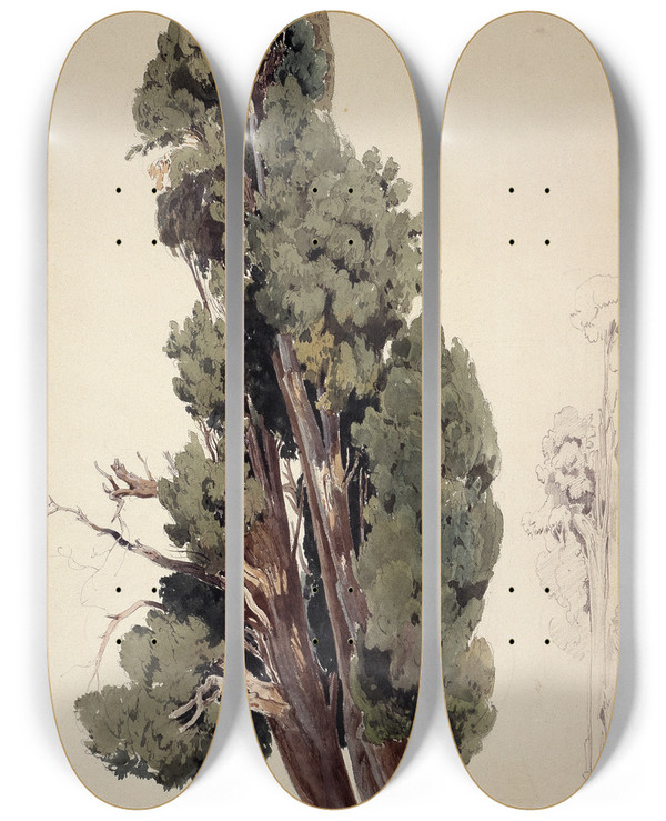 Triptych art skateboard deck of Ernst Fries Zypressen Im Park Der Villa Deste In Tivoli by Ernst Fries (1801-1833)