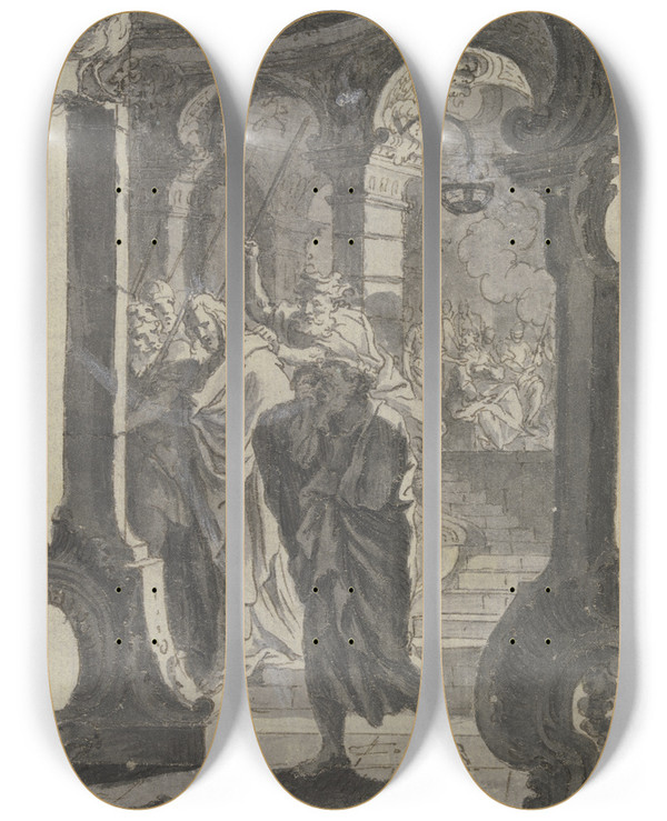 Triptych art skateboard deck of Gottfried Bernhard Gz Denial Of Peter by Gottfried Bernhard Goz