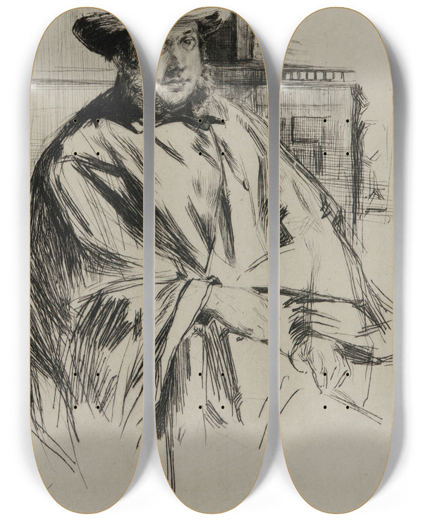 Triptych art skateboard deck of James Abbott Mcneill Whistler Portrait Of A Man by James Abbott Mcneill Whistler (1834-1903)