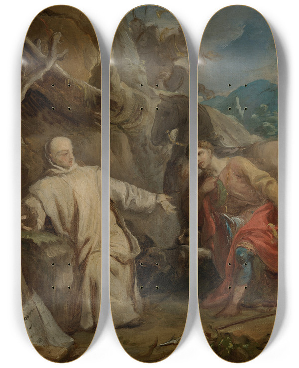 Triptych art skateboard deck of Louis Galloche Saint Martin Kneeling In Front Of An Eremitic Monk by Louis Galloche (1670-1761)