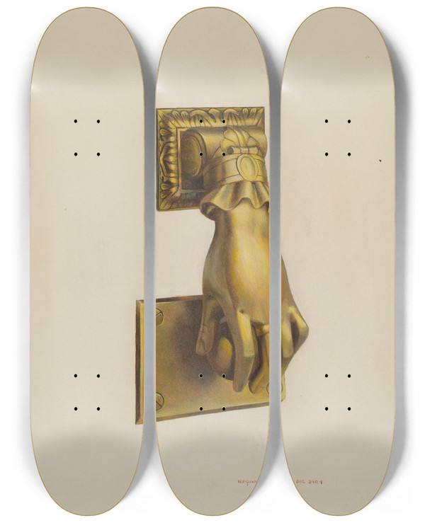 Triptych art skateboard deck of Regina Henderer Door Knocker by Regina Henderer