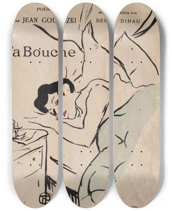 Triptych art skateboard deck of Henri De Toulouselautrec Les Vieilles Histoires Ta Bouche by Henri de Toulouse-Lautrec (1864-1901)