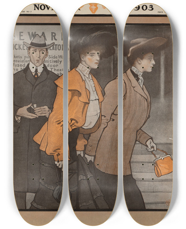 Triptych art skateboard deck of Edward Penfield Colliers November 14 1903 by Edward Penfield (1866-1925)