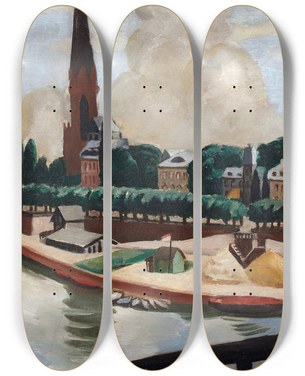 Triptych art skateboard deck of Max Beckmann Bank Of The Main And Church by Max Beckmann (1884-1950)