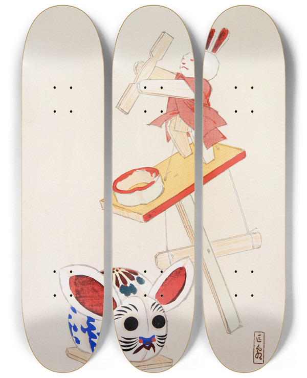 Triptych art skateboard deck of Kawasaki Kyosen Kyosens Collected Illustrations Of Japanese Toys Pl040 by Kawasaki Kyosen (1877-1942)