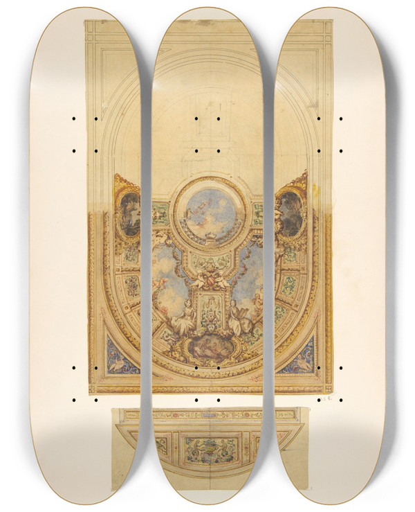 Triptych art skateboard deck of Julesedmondcharles Lachaise Design For The Decoration Of An Oval Ceiling With Putti And Garlands With A Detail Of A Lunette by Jules-Edmond-Charles Lachaise (1897)